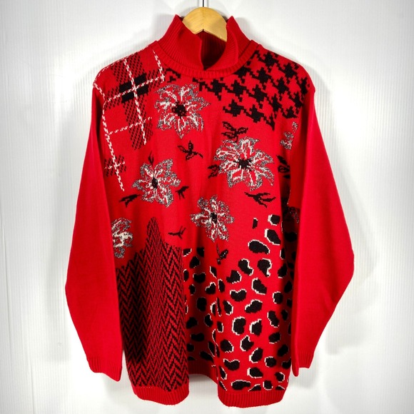 VTG Alfred Dunner Red Black Leopard Houndstooth Floral Sweater Womens Large - Picture 1 of 7